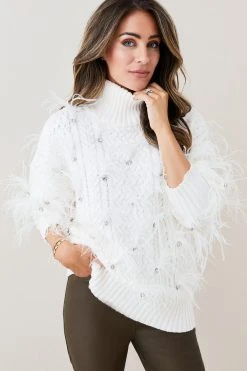 Karen Millen Lydia Millen Feather Embellished Chunky Cable Knit Jumper 10 Karen Millen Lydia Millen Feather Embellished Chunky Cable Knit Jumper -Karen Millen shop ivory lydia millen feather embellished chunky cable knit jumper 1 3