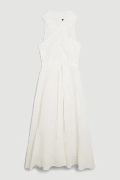 Karen Millen Lydia Millen Tall Linen Notch Belted Full Skirt Midi Dress
