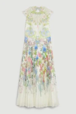 Karen Millen Metallic Guipure Lace Placed Floral Pleat Midi Dress