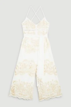 Karen Millen Mirrored Cutwork Strappy Embroidered Woven Jumpsuit