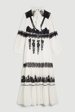 Karen Millen Mixed Lace & Embroidered Pussybow Midaxi Dress