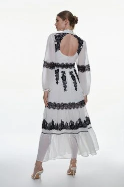 Karen Millen Mixed Lace & Embroidered Pussybow Midaxi Dress -Karen Millen shop ivory mixed lace embroidered pussybow midaxi dress 3