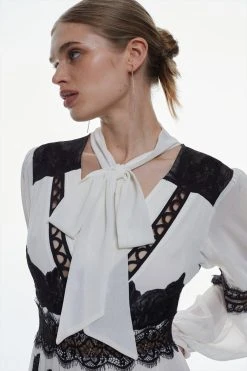 Karen Millen Mixed Lace & Embroidered Pussybow Midaxi Dress -Karen Millen shop ivory mixed lace embroidered pussybow midaxi dress 4