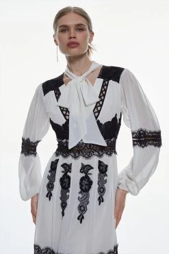 Karen Millen Mixed Lace & Embroidered Pussybow Midaxi Dress -Karen Millen shop ivory mixed lace embroidered pussybow midaxi dress 5