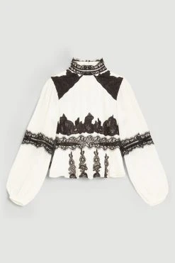 Karen Millen Mixed Lace & Embroidered Woven Blouse 10 Karen Millen Mixed Lace & Embroidered Woven Blouse -Karen Millen shop ivory mixed lace embroidered woven blouse 3