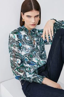 Karen Millen Paisley Shirred Detail Woven Blouse -Karen Millen shop ivory paisley shirred detail woven blouse 1 4