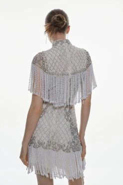 Karen Millen Pearl Embellished Fringed Woven Mini Dress -Karen Millen shop ivory pearl embellished fringed woven mini dress 1