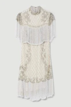 Karen Millen Pearl Embellished Fringed Woven Mini Dress -Karen Millen shop ivory pearl embellished fringed woven mini dress 3