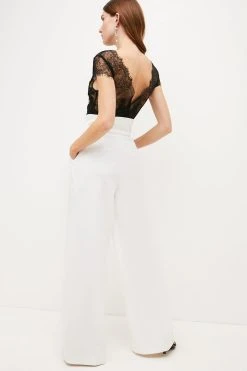 Karen Millen Petite Compact Stretch High Waist Slim Leg Trouser -Karen Millen shop ivory petite compact stretch high waist slim leg trouser 3