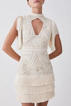 Karen Millen Petite Cornelli Embellished Fringed Woven Dress 8 Karen Millen Petite Cornelli Embellished Fringed Woven Dress -Karen Millen shop ivory petite cornelli embellished fringed woven dress 1