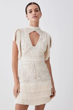 Karen Millen Petite Cornelli Embellished Fringed Woven Dress 9 Karen Millen Petite Cornelli Embellished Fringed Woven Dress -Karen Millen shop ivory petite cornelli embellished fringed woven dress 2