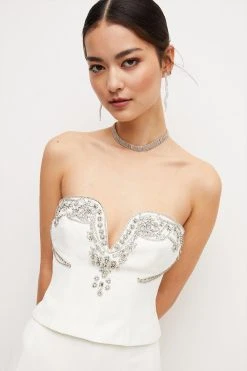 Karen Millen Petite Crystal Embellished Cady Woven Corset -Karen Millen shop ivory petite crystal embellished cady woven corset 1