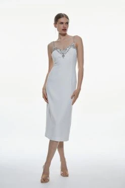 Karen Millen Petite Crystal Embellished Strappy Woven Midi Dress -Karen Millen shop ivory petite crystal embellished strappy woven midi dress 3