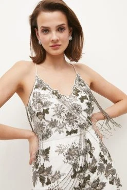 Karen Millen Petite Embellished Fringed Satin Midi Woven Slip Dress 6 Karen Millen Petite Embellished Fringed Satin Midi Woven Slip Dress -Karen Millen shop ivory petite embellished fringed satin midi woven slip dress 1