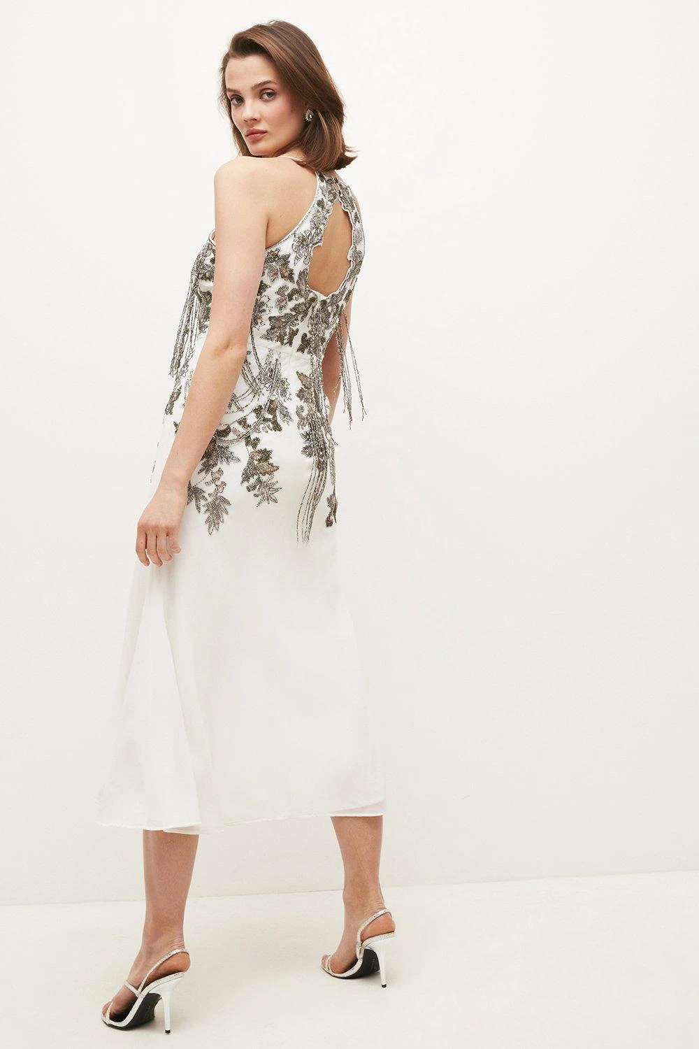 Karen Millen Petite Embellished Fringed Satin Midi Woven Slip Dress 3 Karen Millen Petite Embellished Fringed Satin Midi Woven Slip Dress