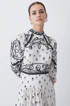 Karen Millen Petite Embroidered Cornelli Tape Woven Dress -Karen Millen shop ivory petite embroidered cornelli tape woven dress 1 4