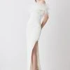 Karen Millen Petite Feather Bardot Stretch Crepe Maxi Dress -Karen Millen shop ivory petite feather bardot stretch crepe maxi dress