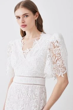 Karen Millen Petite Guipure Lace Flute Sleeved Woven Maxi Dress