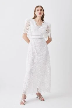 Karen Millen Petite Guipure Lace Flute Sleeved Woven Maxi Dress -Karen Millen shop ivory petite guipure lace flute sleeved woven maxi dress 3