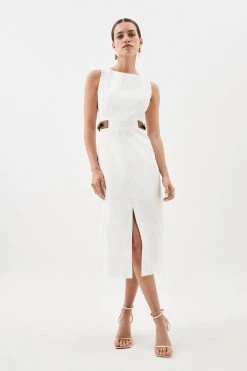 Karen Millen Petite Linen Buckle Detail Split Front Midi Dress -Karen Millen shop ivory petite linen buckle detail split front midi dress 1