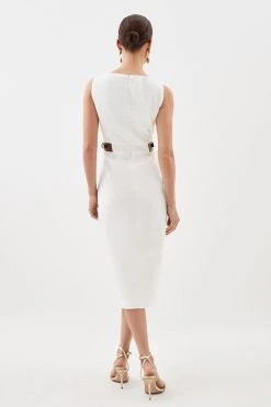 Karen Millen Petite Linen Buckle Detail Split Front Midi Dress -Karen Millen shop ivory petite linen buckle detail split front midi dress 2