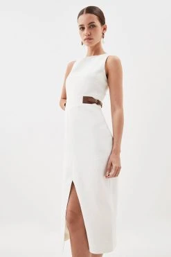 Karen Millen Petite Linen Buckle Detail Split Front Midi Dress -Karen Millen shop ivory petite linen buckle detail split front midi dress 3