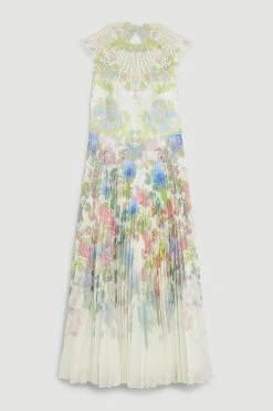 Karen Millen Petite Metallic Guipure Lace Placed Floral Pleat Midi Dress -Karen Millen shop ivory petite metallic guipure lace placed floral pleat midi dress 3