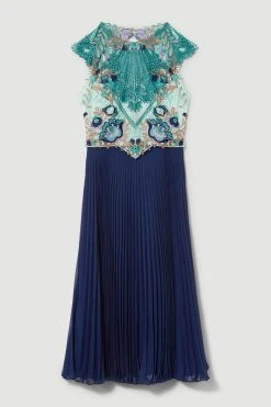 Karen Millen Petite Metallic Guipure Lace Pleated Skirt Midi Dress