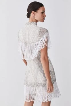 Karen Millen Petite Pearl Embellished Fringed Woven Mini Dress