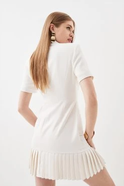 Karen Millen Petite Pleated Button Detailed Woven Midi Dress -Karen Millen shop ivory petite pleated button detailed woven midi dress 3