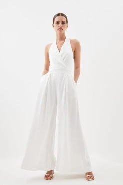 Karen Millen Petite Satin Crepe Woven Wide Leg Jumpsuit -Karen Millen shop ivory petite satin crepe woven wide leg jumpsuit 2