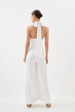 Karen Millen Petite Satin Crepe Woven Wide Leg Jumpsuit -Karen Millen shop ivory petite satin crepe woven wide leg jumpsuit 3