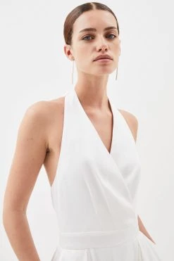Karen Millen Petite Satin Crepe Woven Wide Leg Jumpsuit -Karen Millen shop ivory petite satin crepe woven wide leg jumpsuit 4