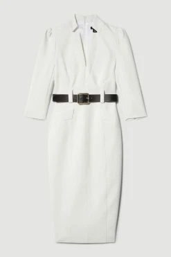 Karen Millen Petite Structured Crepe Belted Forever Midi Dress -Karen Millen shop ivory petite structured crepe belted forever midi dress 2