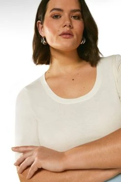 Karen Millen Plus Size Cotton Jersey Scoop Half Sleeve Top -Karen Millen shop ivory plus size cotton jersey scoop half sleeve top 3