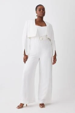 Karen Millen Plus Size Linen Edge To Edge Cropped Jacket -Karen Millen shop ivory plus size linen edge to edge cropped jacket 2