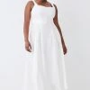 Karen Millen Plus Size Linen Seamed Detail Full Skirted Midi Dress -Karen Millen shop ivory plus size linen seamed detail full skirted midi dress