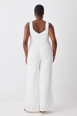 Karen Millen Plus Size Linen Seamed Detail Wide Leg Jumpsuit -Karen Millen shop ivory plus size linen seamed detail wide leg jumpsuit 1