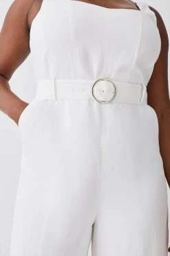 Karen Millen Plus Size Linen Seamed Detail Wide Leg Jumpsuit -Karen Millen shop ivory plus size linen seamed detail wide leg jumpsuit 2