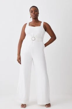 Karen Millen Plus Size Linen Seamed Detail Wide Leg Jumpsuit -Karen Millen shop ivory plus size linen seamed detail wide leg jumpsuit 3