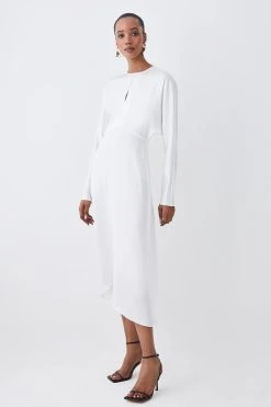 Karen Millen Premium Lightweight Fluid Crepe Keyhole Midi Dress -Karen Millen shop ivory premium lightweight fluid crepe keyhole midi dress 4