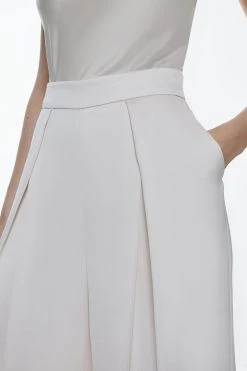 Karen Millen Satin Back Crepe Pleat Detail Wide Leg Trouser -Karen Millen shop ivory satin back crepe pleat detail wide leg trouser 1 4