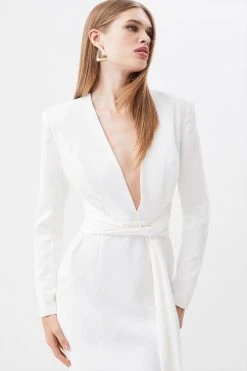 Karen Millen Satin Back Crepe Plunge Neck Woven Mini Dress -Karen Millen shop ivory satin back crepe plunge neck woven mini dress 4