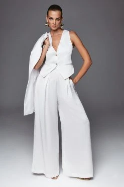 Karen Millen Satin Crepe Wide Leg High Waist Trousers 8 Karen Millen Satin Crepe Wide Leg High Waist Trousers -Karen Millen shop ivory satin crepe wide leg high waist trousers 1 1