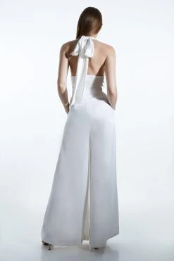 Karen Millen Satin Crepe Woven Wide Leg Jumpsuit -Karen Millen shop ivory satin crepe woven wide leg jumpsuit 2