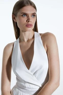 Karen Millen Satin Crepe Woven Wide Leg Jumpsuit -Karen Millen shop ivory satin crepe woven wide leg jumpsuit 3