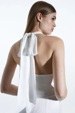 Karen Millen Satin Crepe Woven Wide Leg Jumpsuit -Karen Millen shop ivory satin crepe woven wide leg jumpsuit 4