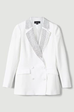 Karen Millen Satin Diamante Lapel Double Breasted Blazer -Karen Millen shop ivory satin diamante lapel double breasted blazer 1