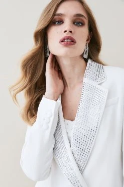 Karen Millen Satin Diamante Lapel Double Breasted Blazer -Karen Millen shop ivory satin diamante lapel double breasted blazer 2