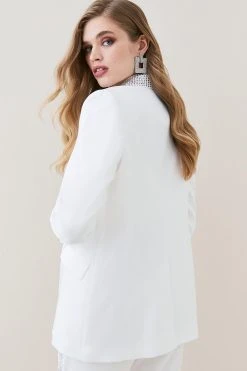 Karen Millen Satin Diamante Lapel Double Breasted Blazer -Karen Millen shop ivory satin diamante lapel double breasted blazer 4